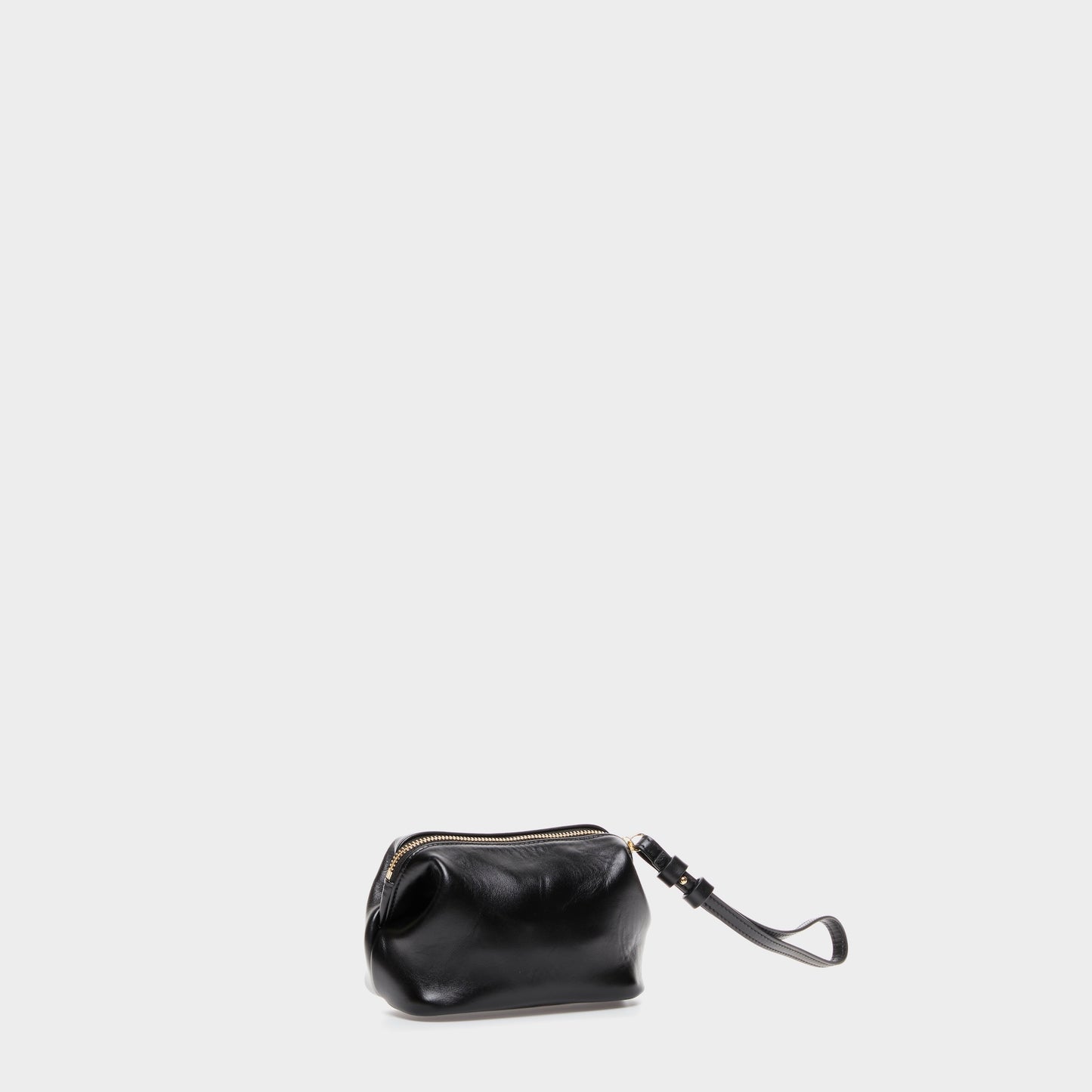 Compact black leather pouch with detachable strap and zip closure