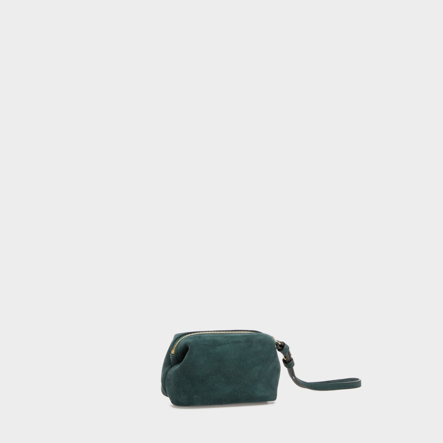 Compact suede beauty pouch in green with detachable wrist strap