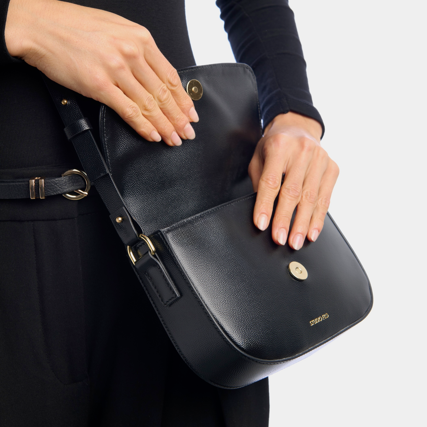 Interior view of crescent crossbody bag in calf leather with suede lining