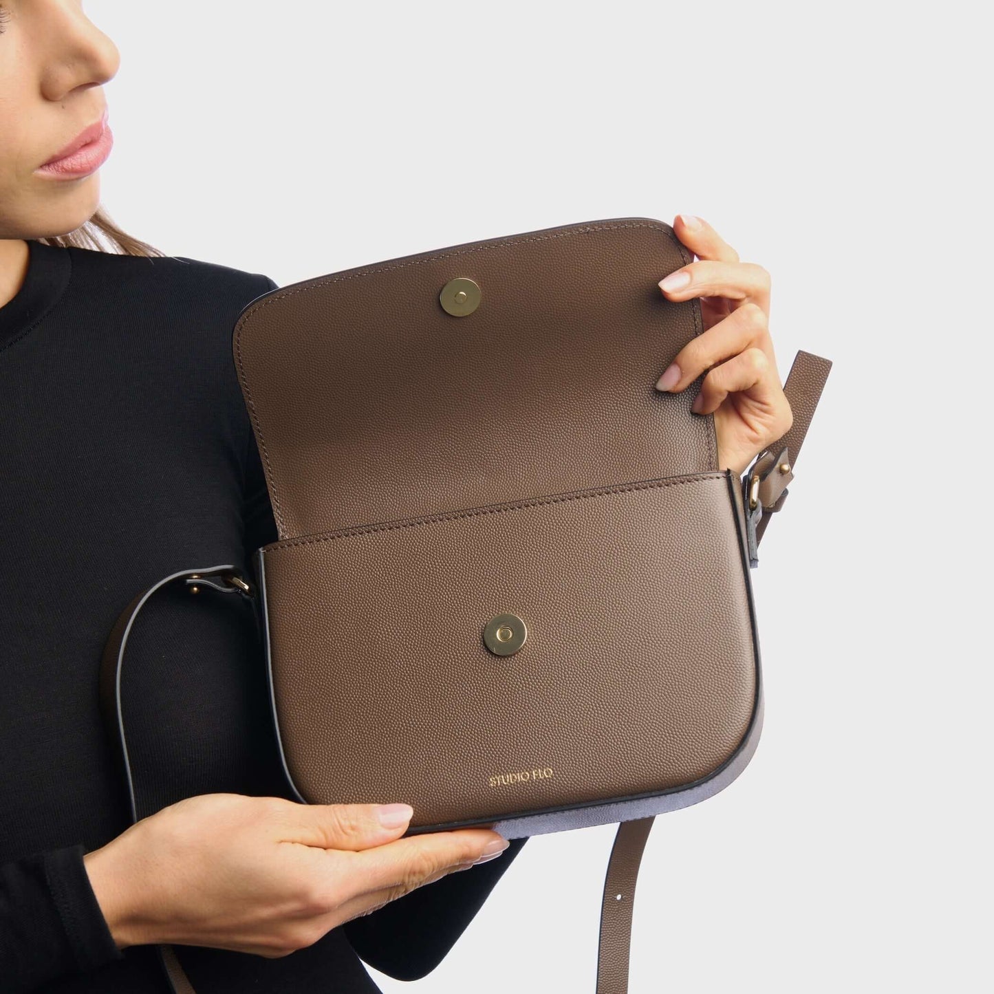 Interior view of crescent crossbody bag in calf leather with suede lining
