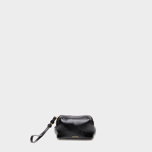 Black calfskin leather mini beauty case with curved silhouette