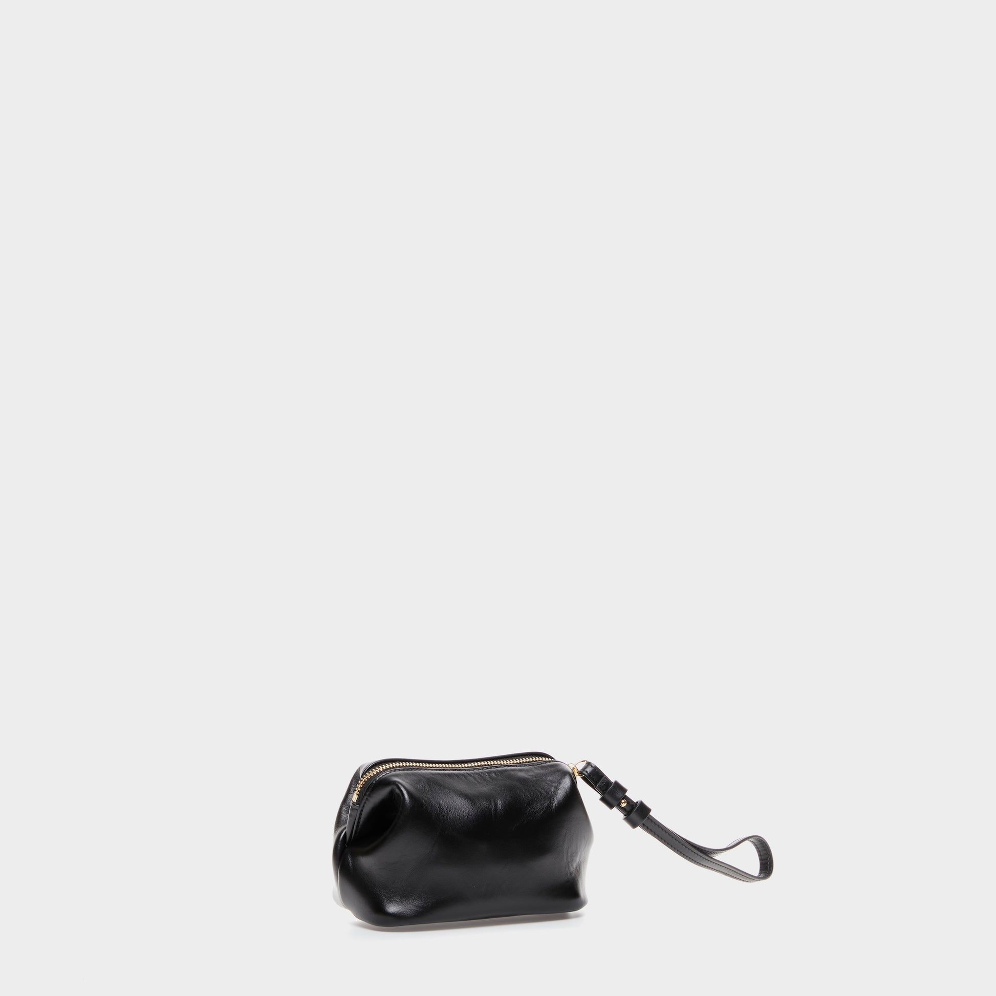 Compact black leather pouch with detachable strap and zip closure