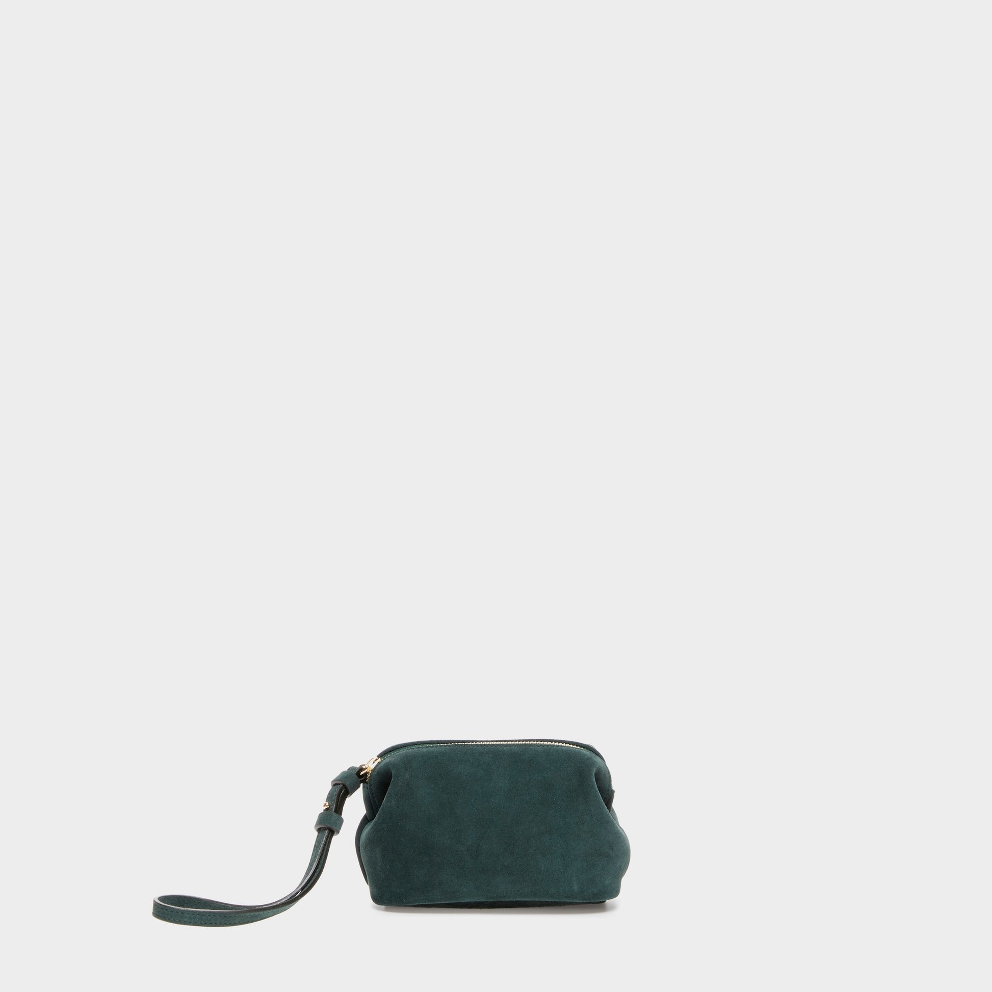 Green suede mini beauty case with rounded silhouette and zip closure