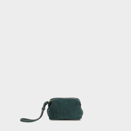 Green suede mini beauty case with rounded silhouette and zip closure