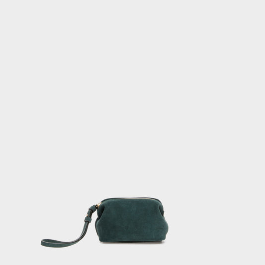 Green suede mini beauty case with rounded silhouette and zip closure