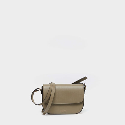 Beige calfskin leather crossbody bag with curved silhouette
