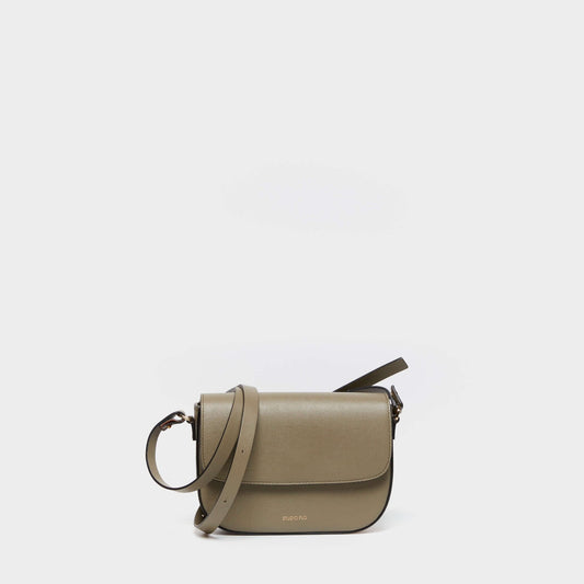 Beige calfskin leather crossbody bag with curved silhouette