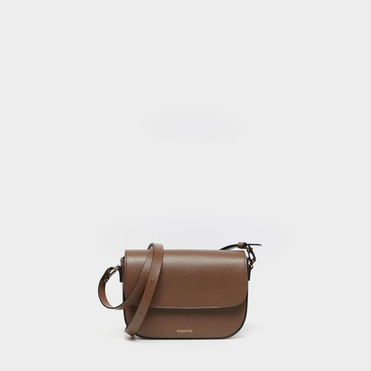 Taupe calfskin leather crossbody bag with curved silhouette