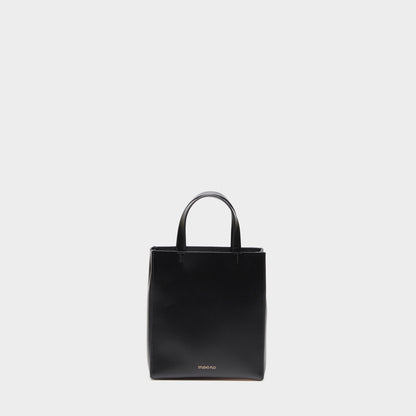 Black calfskin mini handbag with top handles and structured design