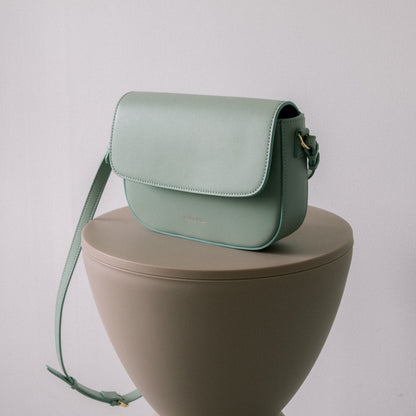 minimal leather bag in mint green color