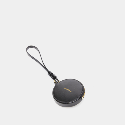 Studio Flo black calf leather round coin purse with zip closure and a leather wrist strap