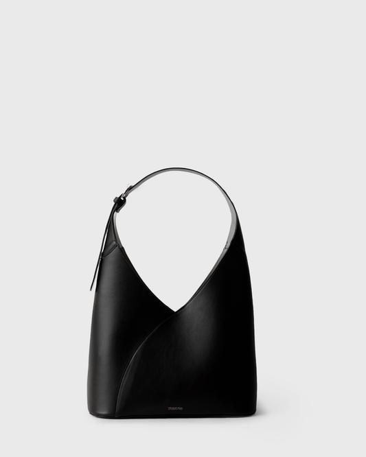 Smooth black calf leather hobo bag with sculptural curved handle