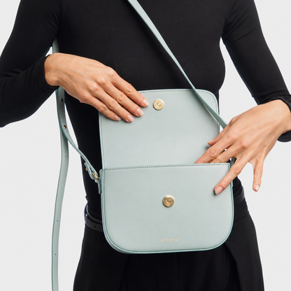 Timeless mint green Italian leather crossbody bag open
